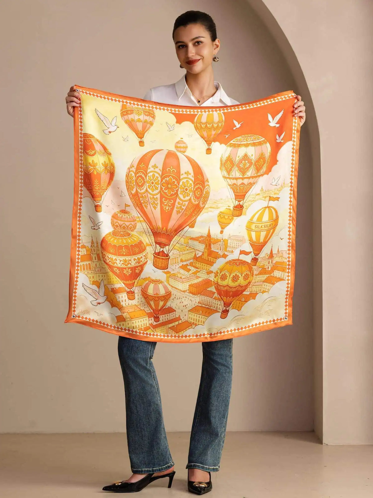 100% Mulberry Silk Hot Air Balloon Pattern Scarf - Size 90x90cm