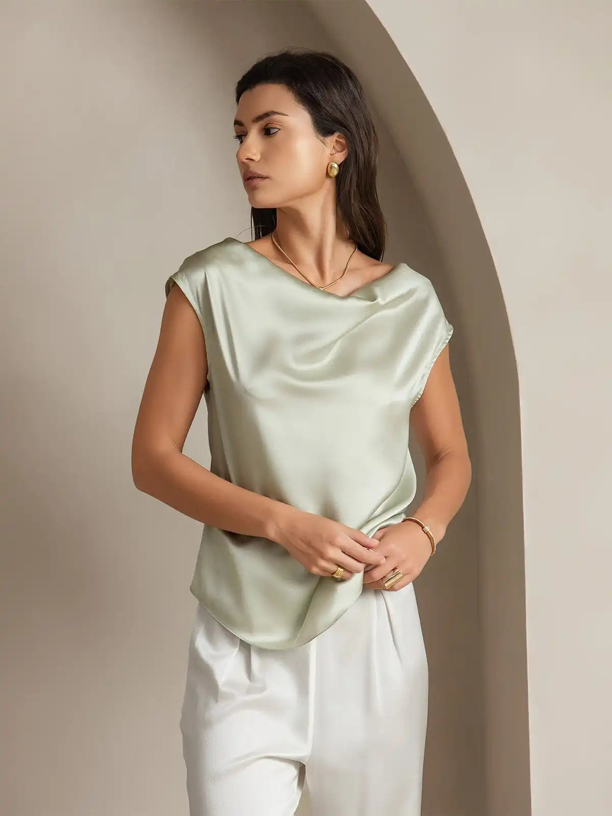 19Momme Silk Cap Sleeve Cowl Neck Women's Top