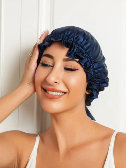 100% Mulberry Silk Sleep Cap Double Layer Bonnet with Ribbon