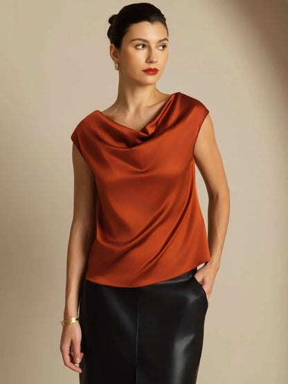 19Momme Women's Silk Cap Sleeve Cowl Neck Top