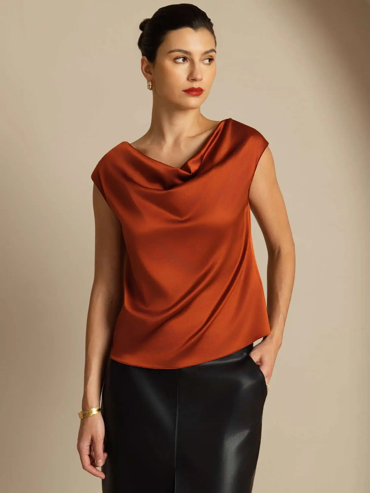 19Momme Silk Cap Sleeve Cowl Neck Women's Top