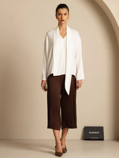 Clearance - 19Momme Silk Women's Asymmetrical Tie V Neck Blouse