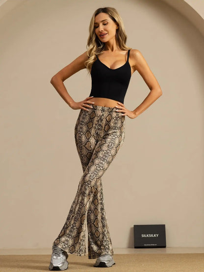 Clearance - Pure Silk Wild Animal Print Women's Flare Pants High Waisted Bell Bottom