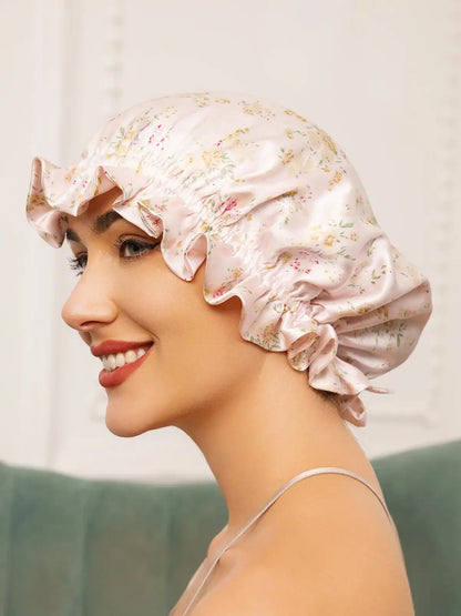 100% Mulberry Silk Sleep Cap Double Layer Bonnet with Ribbon