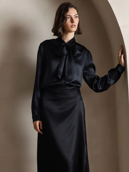 Elegant 19Momme Silk Long Sleeve Tie Neck Blouse