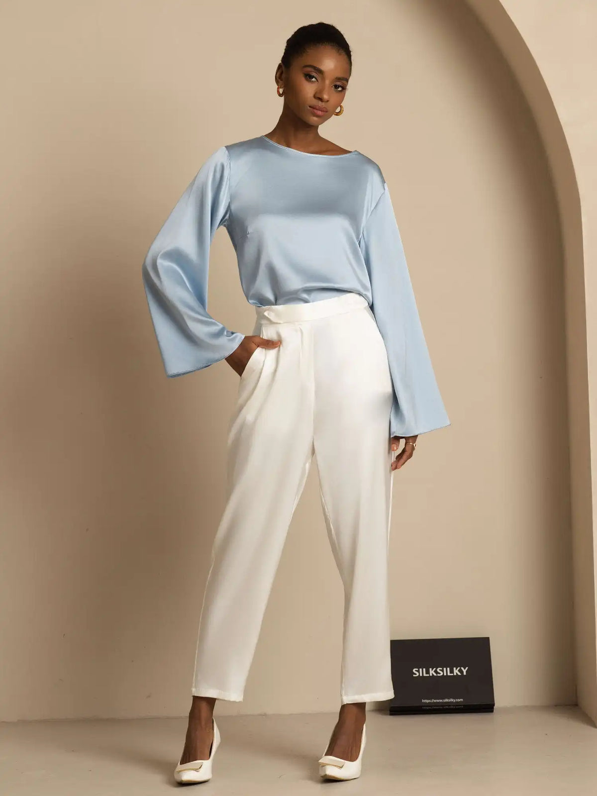 19Momme Silk Bell Sleeve Boat Neck Women's Top