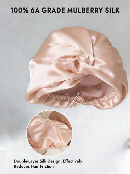 22Momme 100% Mulberry Silk Knot-Front Hair Bonnet with Adjustable Button Design