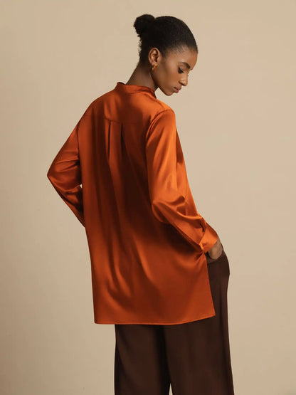 19Momme Silk Women’s  Stand Collar High-Low Blouse With Button Detail