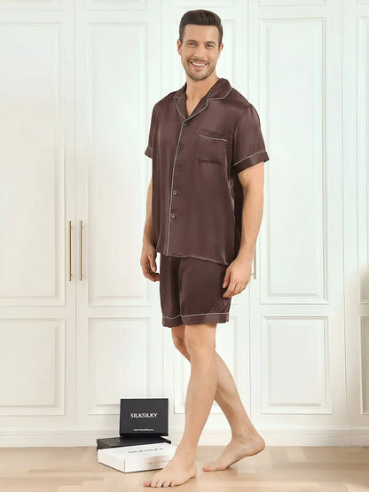 Clearance - 100% Mulberry Silk Short Sleeve Notch Collar Men's Pajamas Set with Shorts