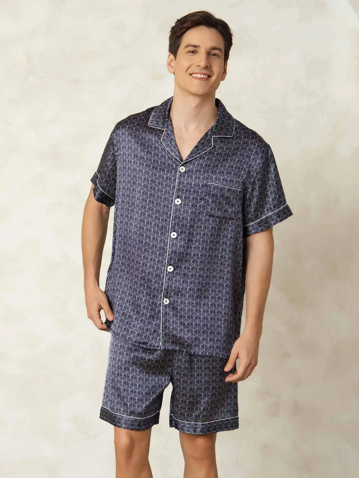 Men's 100% Mulberry Silk Ginkgo Print Short Sleeve Lapel Collar Pajamas Set