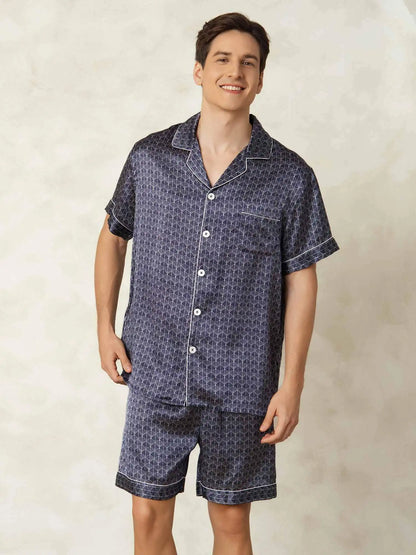 Men's 100% Mulberry Silk Ginkgo Print Short Sleeve Lapel Collar Pajamas Set