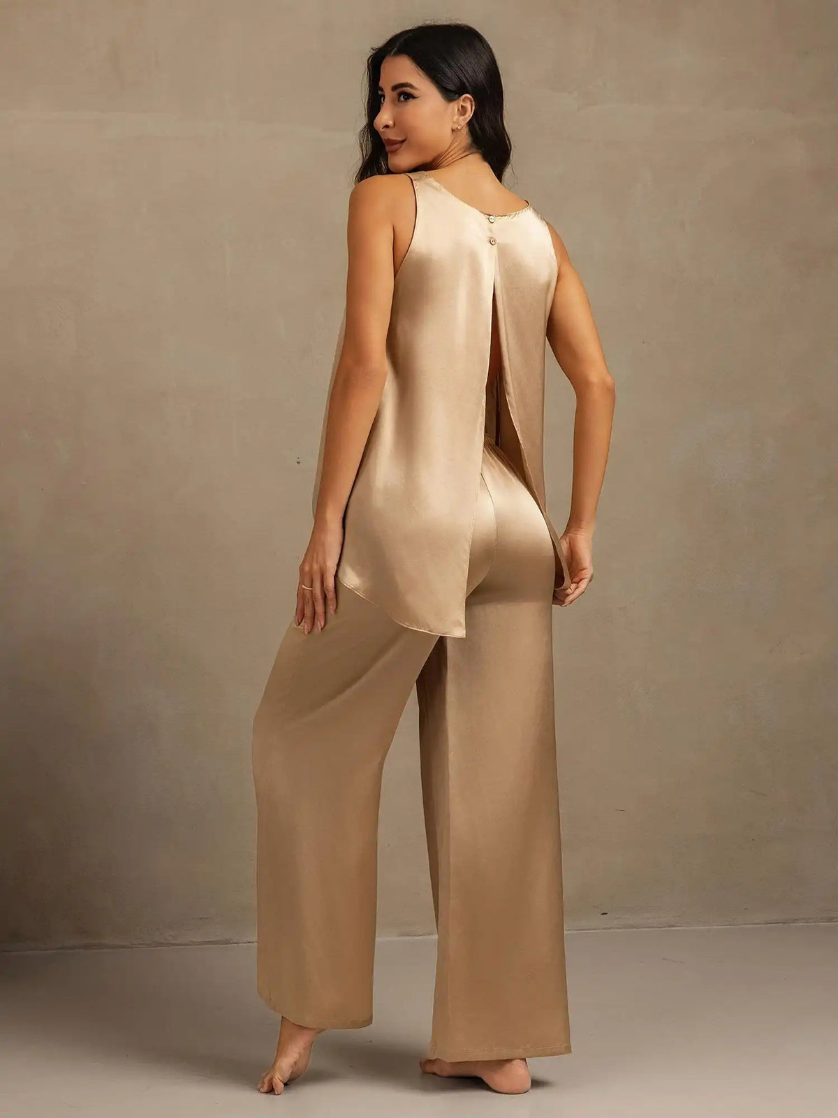 100% Mulberry Silk Sleeveless U-Neck Backless High-low Tank Top & Wide Leg Pants Set