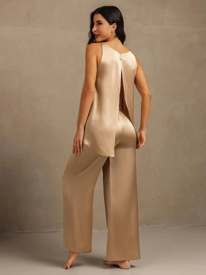 100% Mulberry Silk Sleeveless U-Neck Backless High-low Tank Top & Wide Leg Pants Set