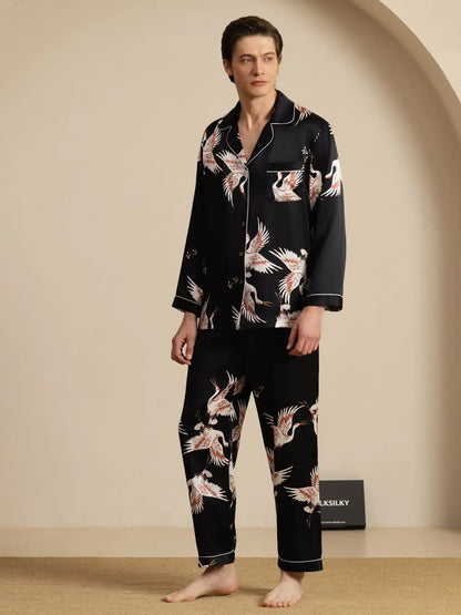 Clearance - 19Momme 100% Mulberry Silk Men's Crane Print Long Sleeve Notch Collar Pajamas Set