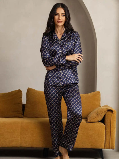 100% Mulberry Silk Chain Print Long Sleeve Lapel Collar Women's Pajamas Set