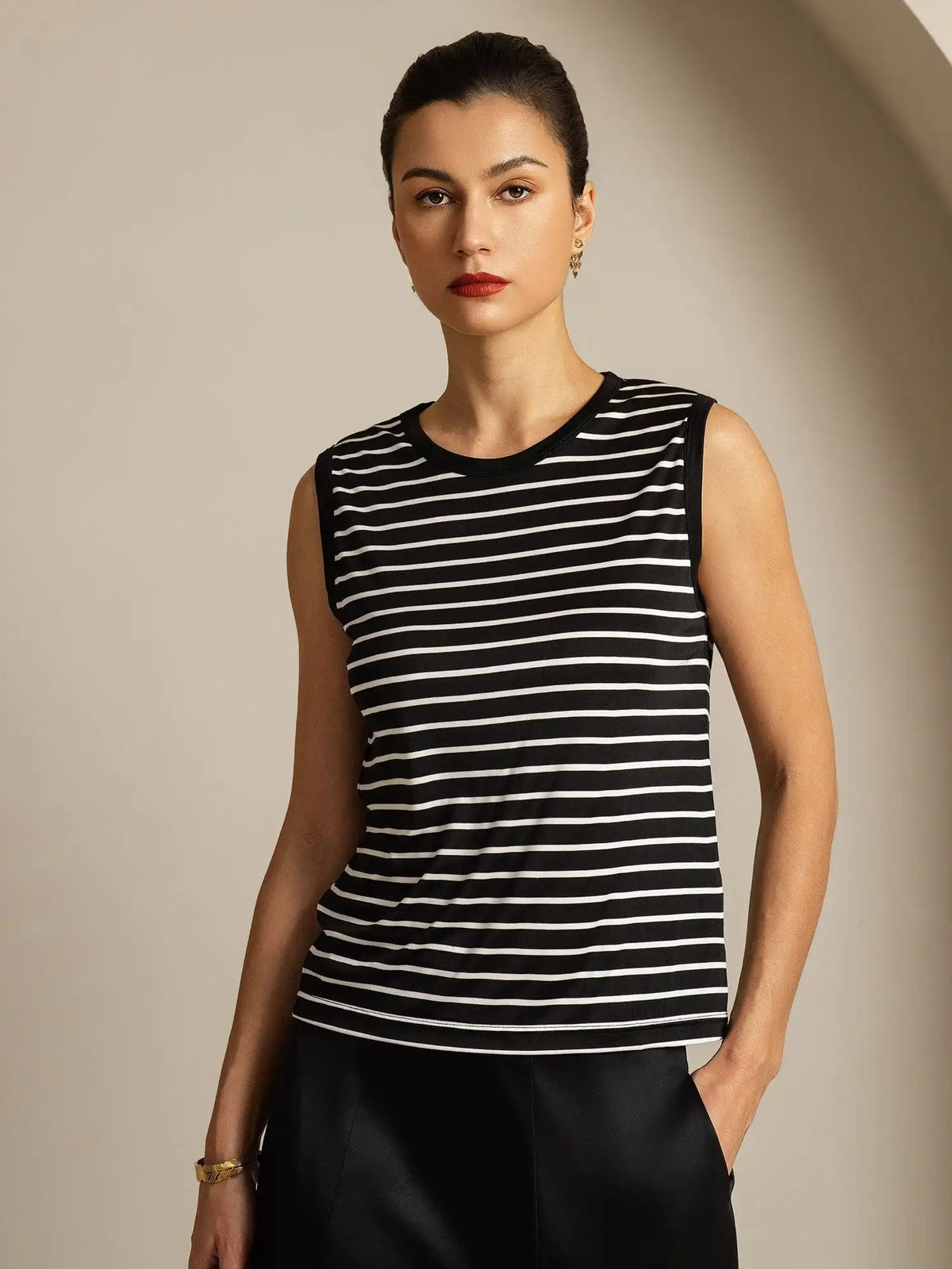 Women's 100% Mulberry Silk Round Neck Casual Stripe Print Tank Top