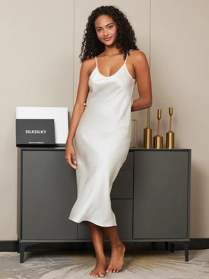 100% Mulberry Silk Spaghetti Strap V-neck Midi Nightgown