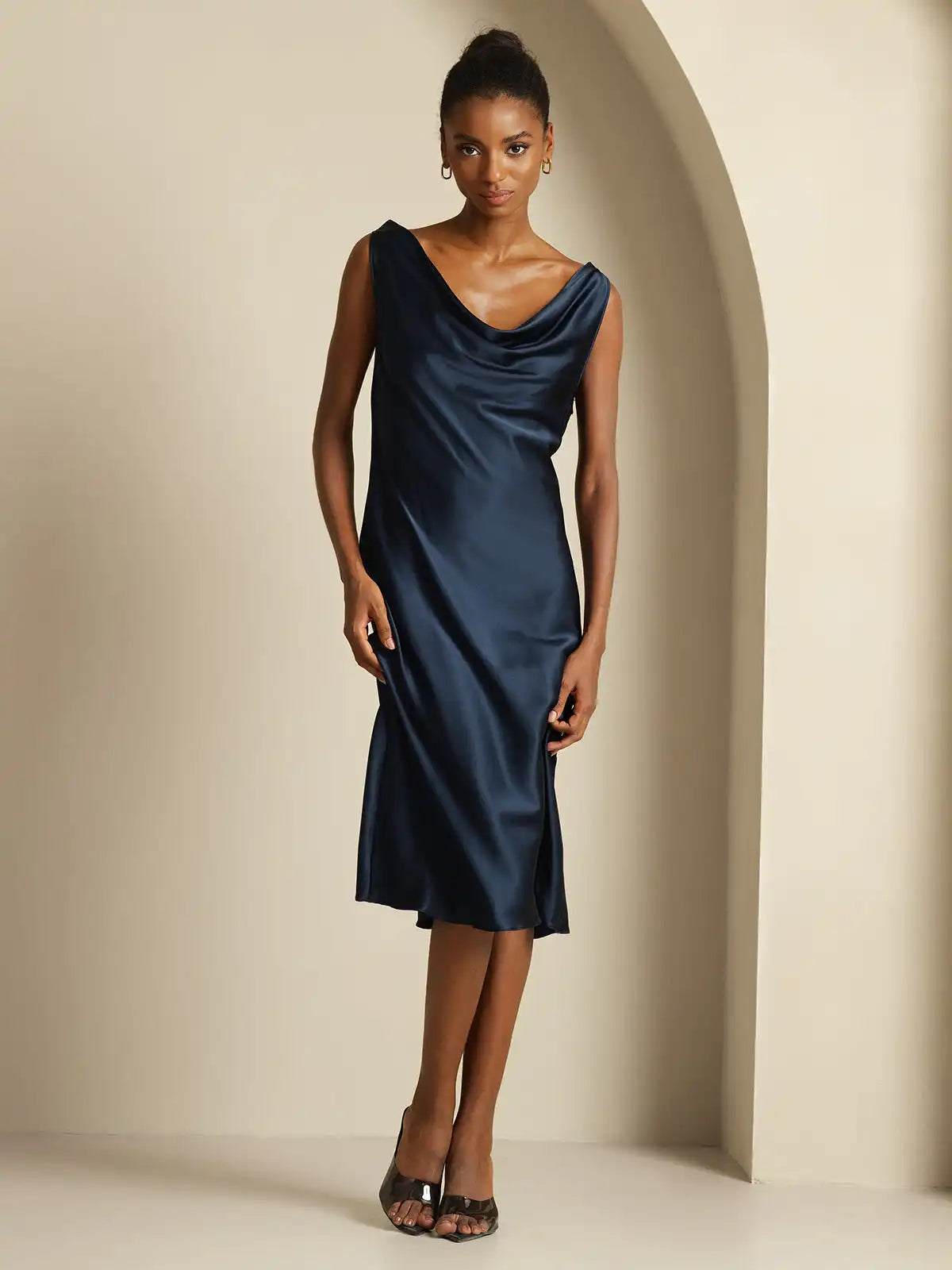 19Momme Silk Sleeveless Cowl Neck Knee Elegant Dress