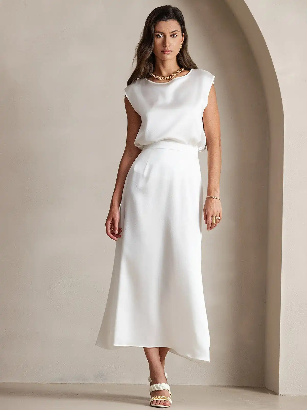 Clearance - 19Momme Silk A Line Maxi Skirt with Zipper Design