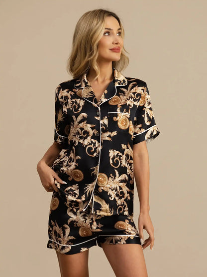 Women's 100% Mulberry Silk Dragon Print Short Sleeve Notch Collar Pajamas Set With Shorts