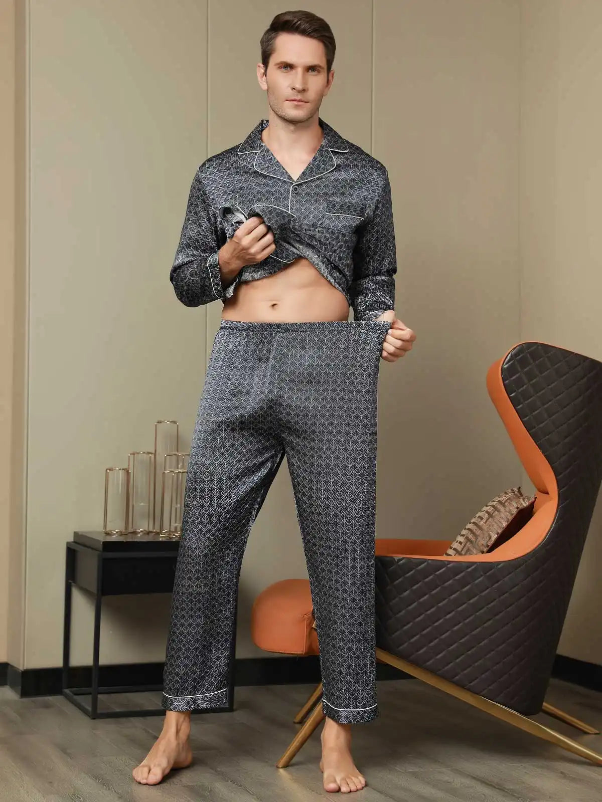 100% Mulberry Silk Ginkgo Print Long Sleeve Men's Pajamas Set With Pants