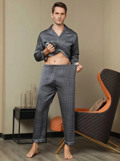 100% Mulberry Silk Ginkgo Print Long Sleeve Men's Pajamas Set With Pants