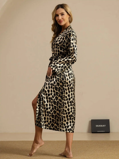 100% Mulberry Silk Women's Long Sleeve Midi Leopard Printed Robe