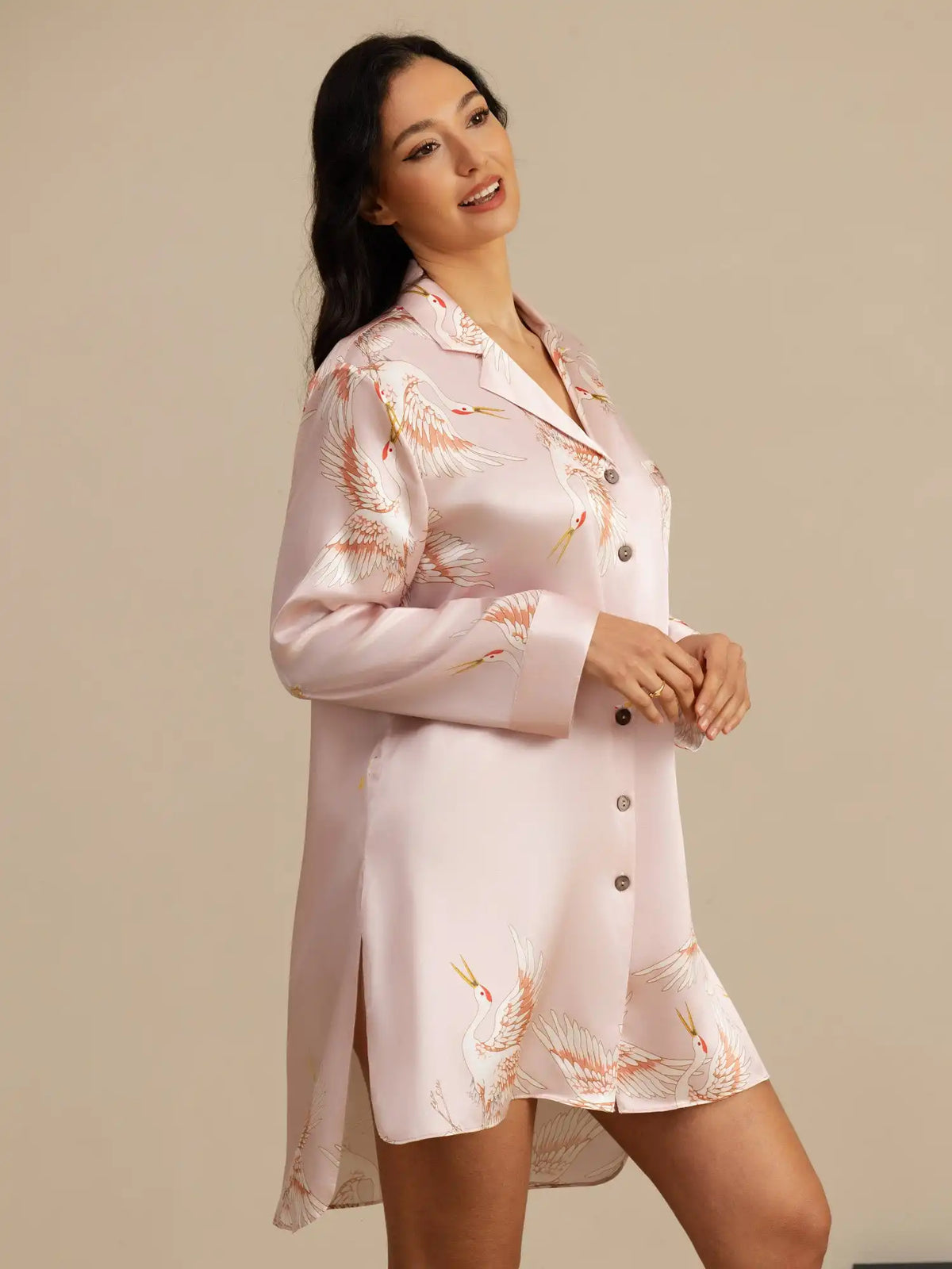 19Momme 100% Mulberry Silk Crane Print Nightshirt with High-Low Hem