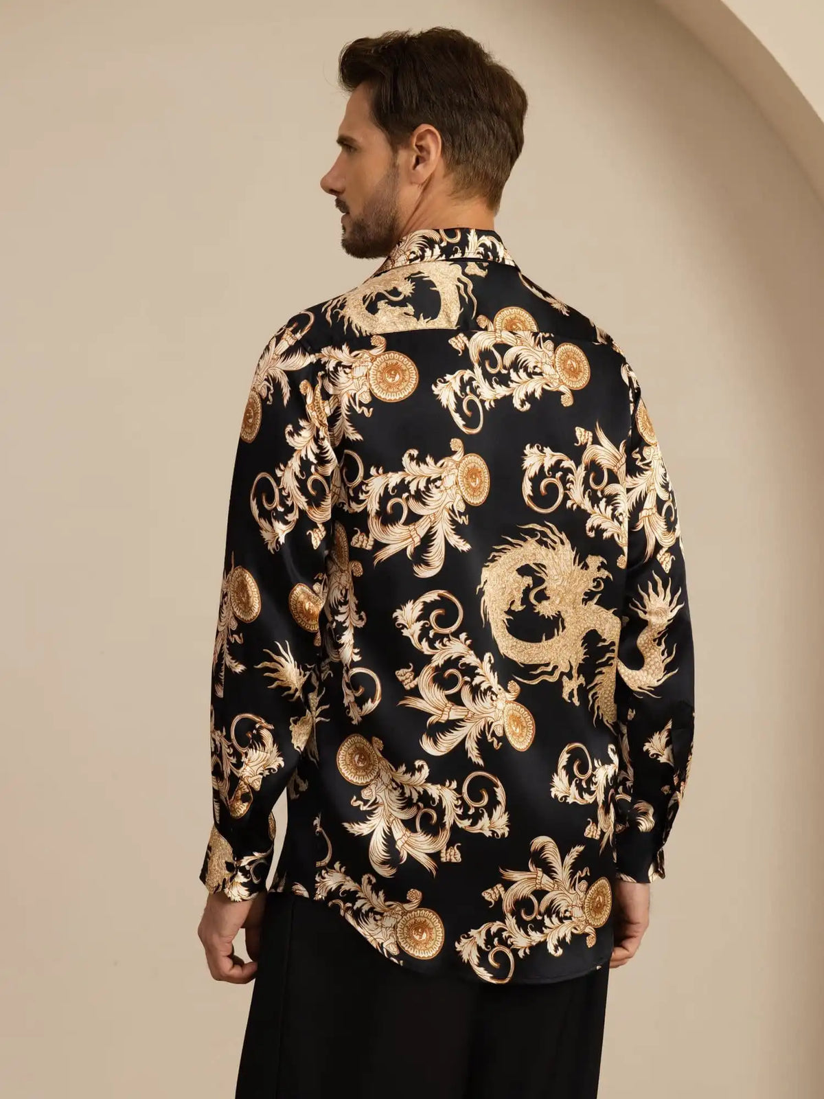 Pure Silk Men's Long Sleeve Lapel Collar Dragon Print Shirt