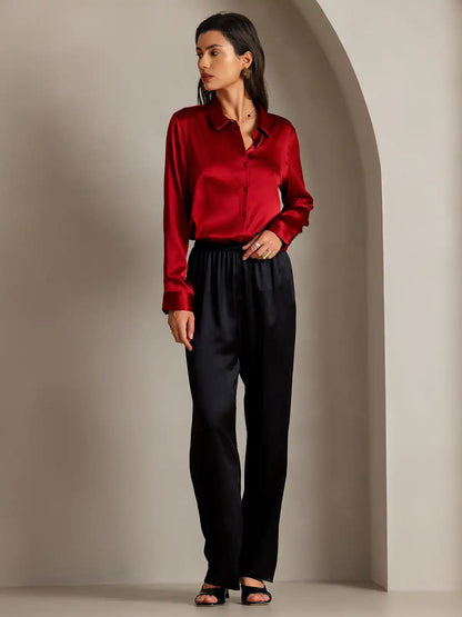 19Momme Silk Long Sleeve Lapel Collar Women's Shirt with Button Up Design