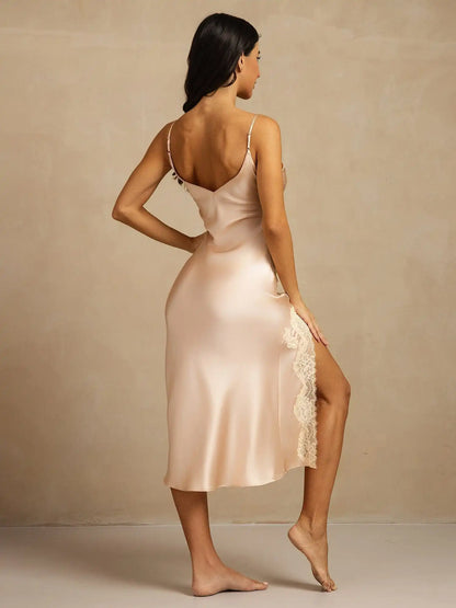 100% Mulberry Silk Spaghetti Strap Long Nightgown with Lace Split Design
