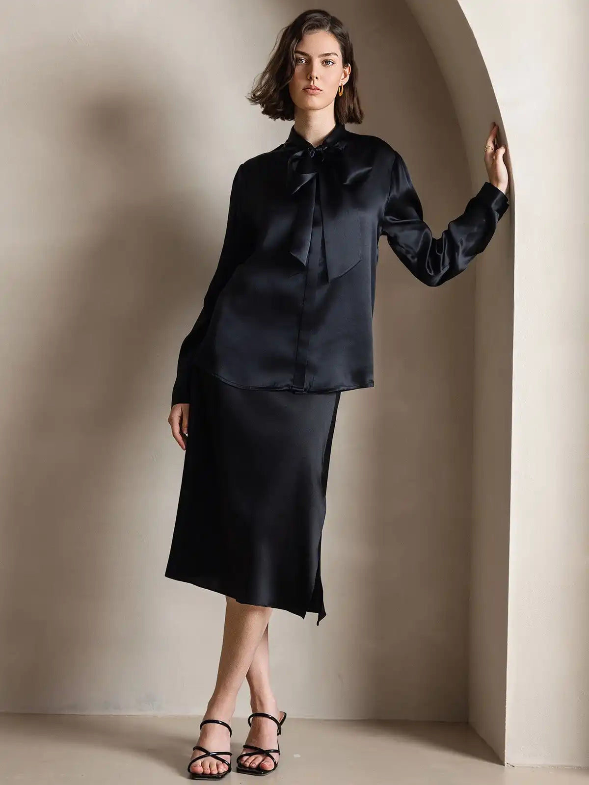 Elegant 19Momme Silk Long Sleeve Tie Neck Blouse