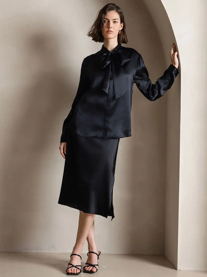 Elegant 19Momme Silk Long Sleeve Tie Neck Blouse