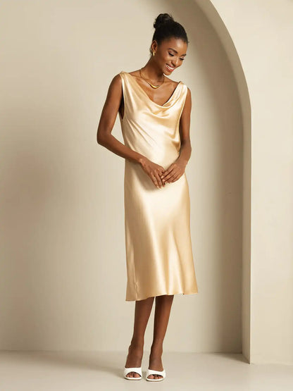 19Momme Silk Sleeveless Cowl Neck Knee Elegant Dress