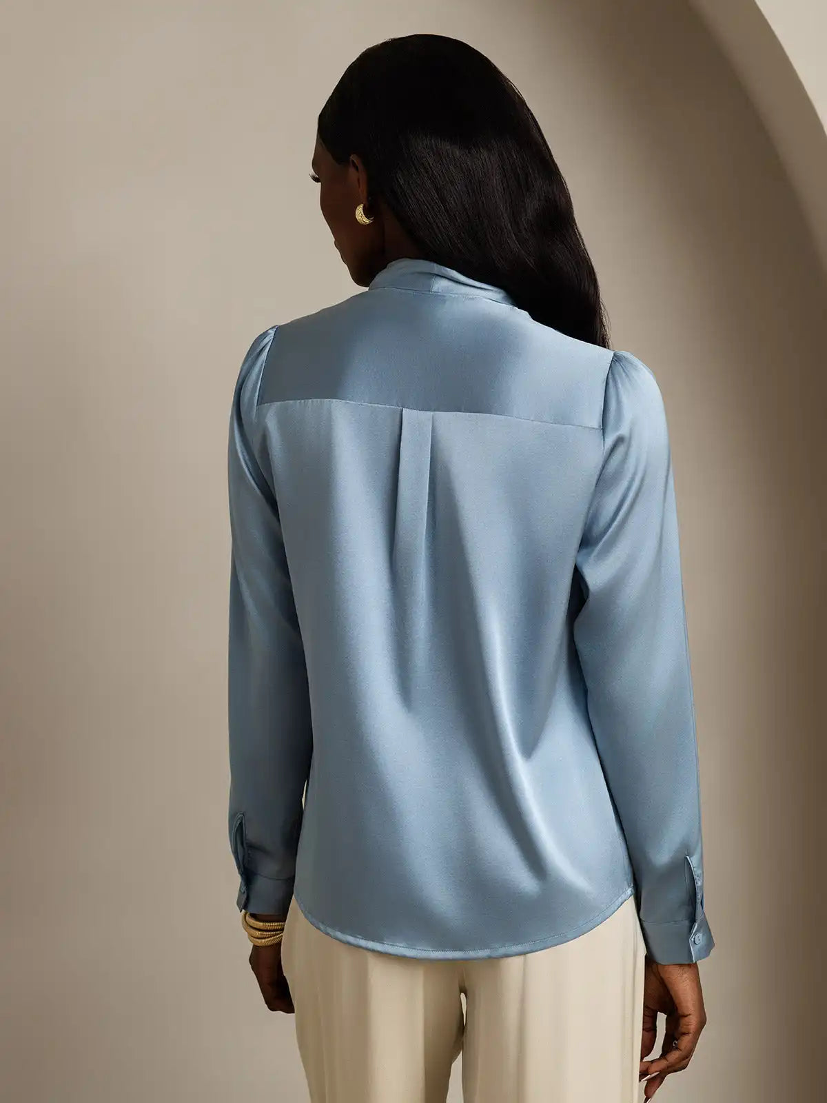 Elegant 19Momme Silk Long Sleeve Tie Neck Blouse