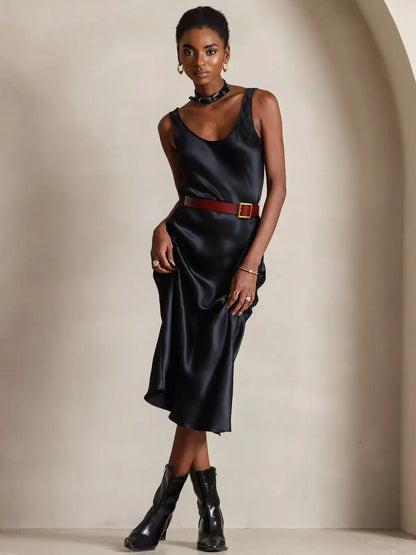 100% Mulberry Silk Sleeveless U Neck Midi Long Dress