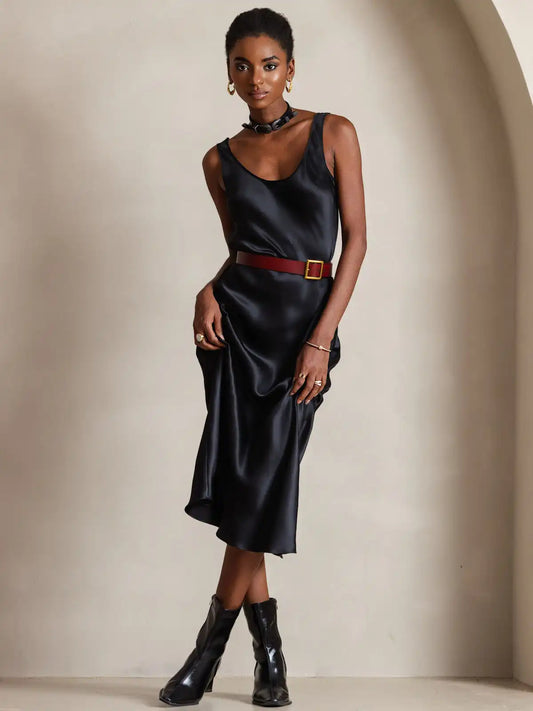 100% Mulberry Silk Sleeveless U Neck Midi Long Dress