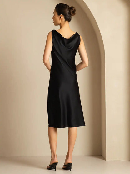 19Momme Silk Sleeveless Cowl Neck Knee Elegant Dress