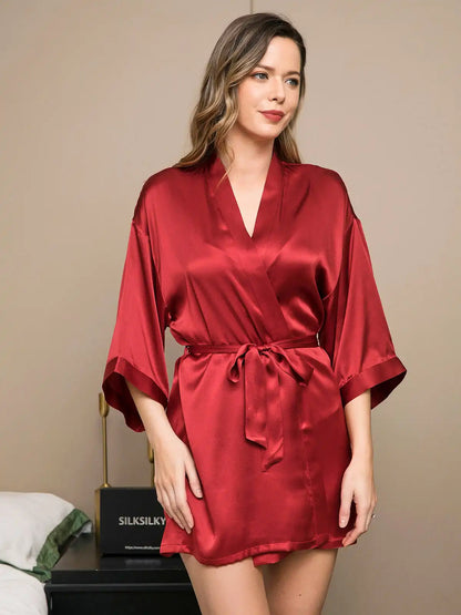100% Mulberry Silk Short Women's Kimono Robe with Wrap Design