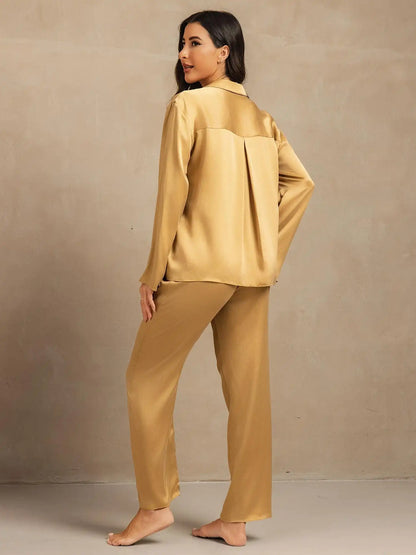Clearance - 19Momme Washable Silk Long Sleeve Notch Collar Women's Pajamas Set
