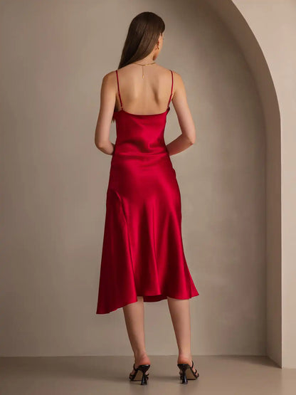 100% Mulberry Silk Spaghetti Strap Cowl Neck Bias Midi Dress with Split Design