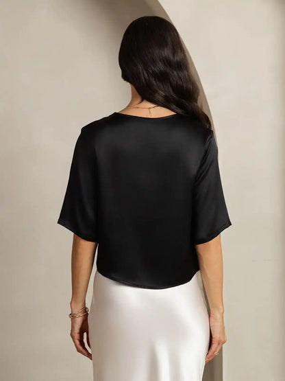 100% Mulberry Silk Women's Blouse Short Sleeve Boxy Crop Top