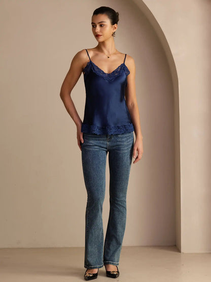 100% Mulberry Silk Women's Spaghetti Strap V Neck Lace Trim Camisole Top