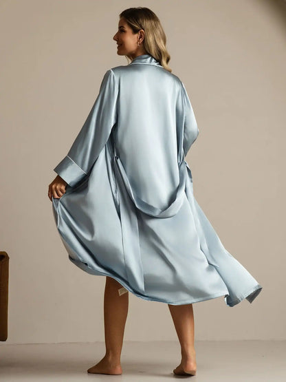 100% Mulberry Silk Belted Women's Long Lapel Robe with Pocket Design