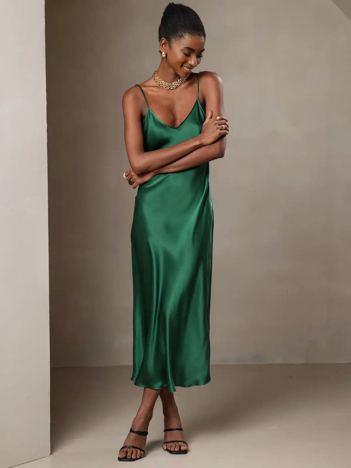 100% Mulberry Silk Spaghetti Strap Midi Long Dress
