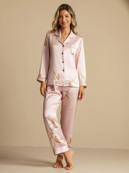 19Momme 100% Mulberry Silk Crane Print Women's Long Sleeve Notch Collar Pajamas Set