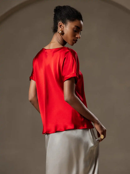 19Momme Silk Short Sleeve Boat Neck Cuffed Sleeve Women's T-Shirt