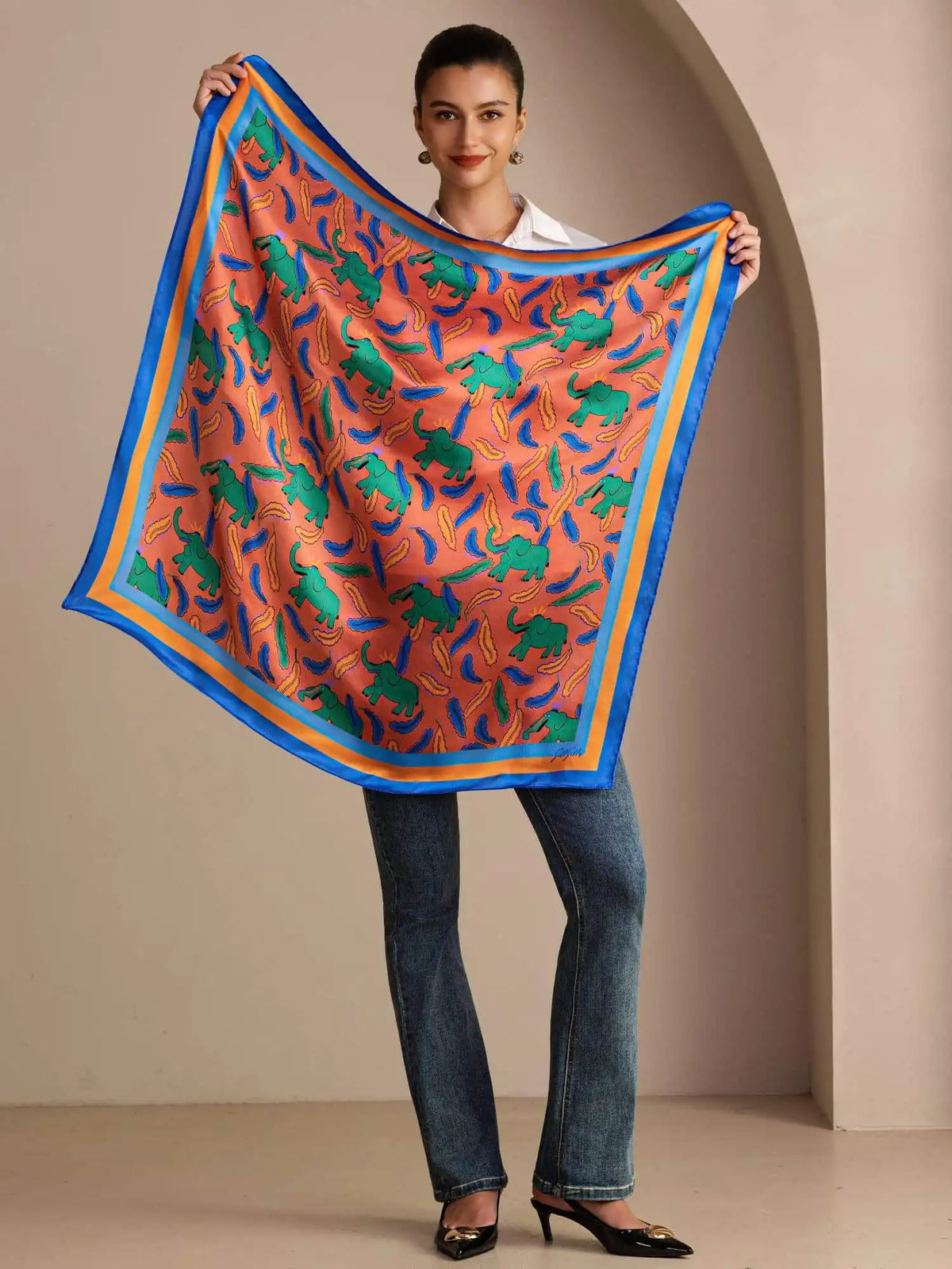 100% Mulberry Silk  Elephant Pattern Scarf - Size 90x90cm