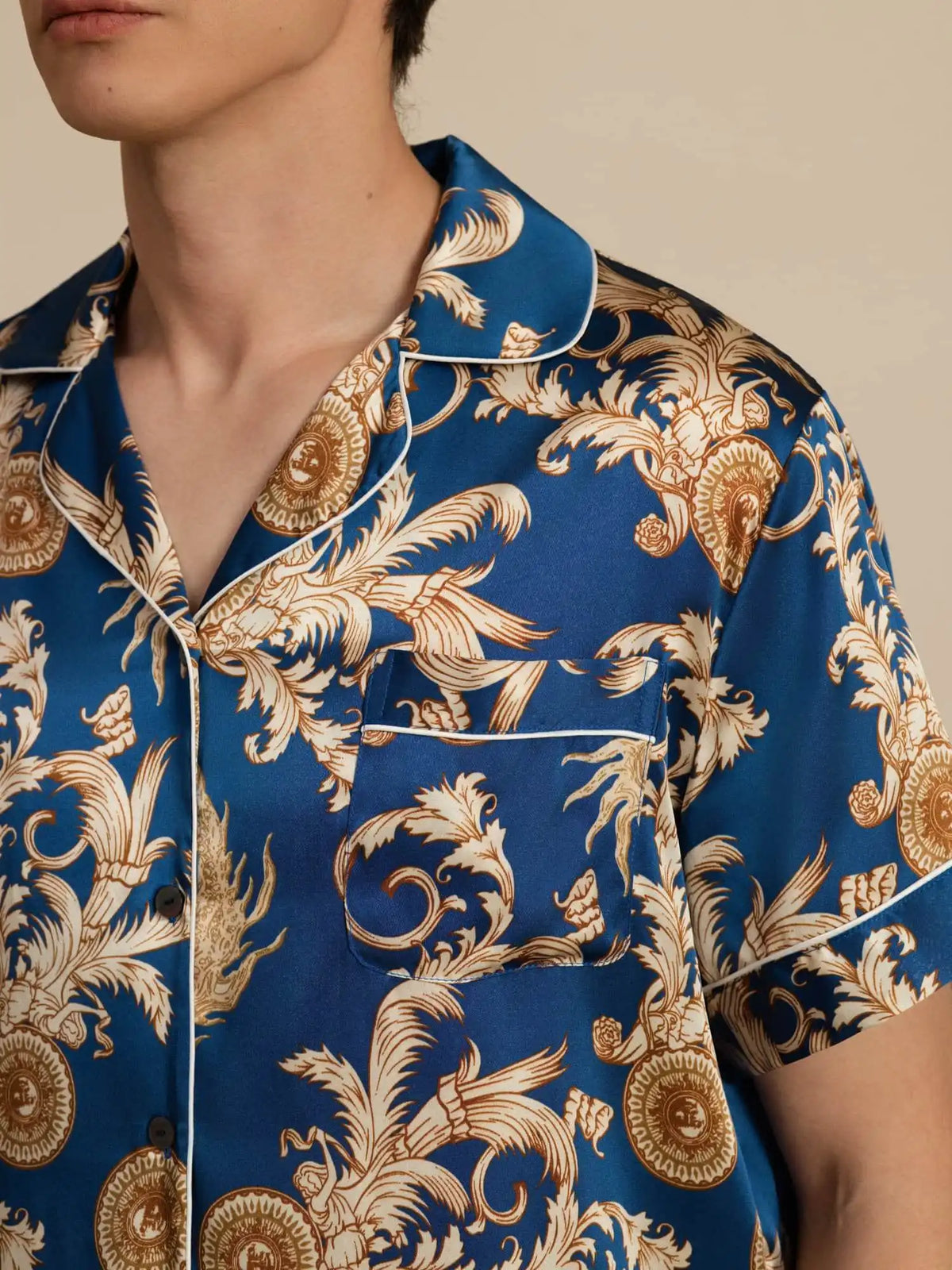 100% Mulberry Silk Men's Dragon Print  Short Sleeve Lapel Collar Pajamas Set