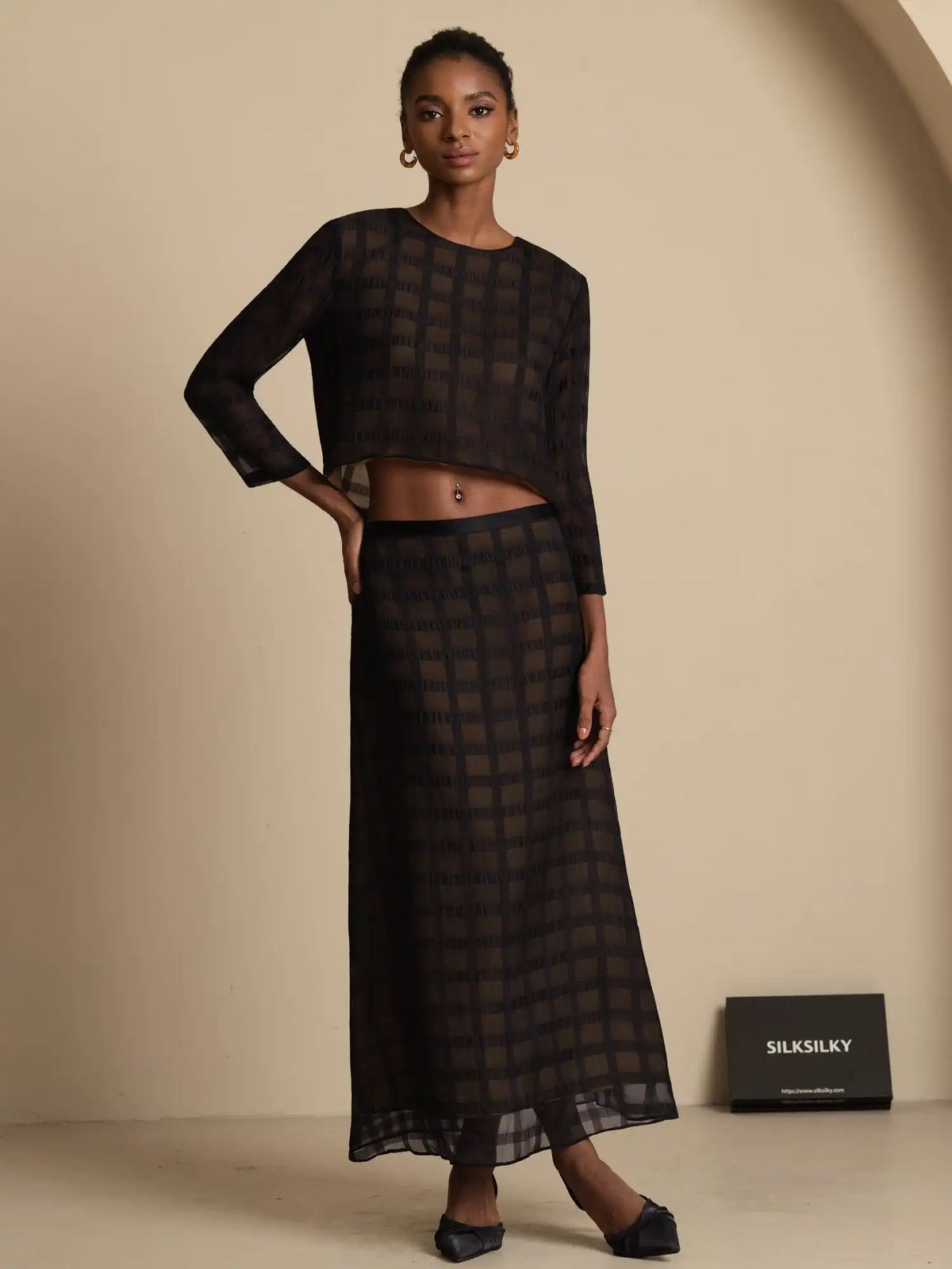 Clearance - 100% Mulberry Silk High-Waist A-Line Textured Grid Long Skirt With Back Zipper